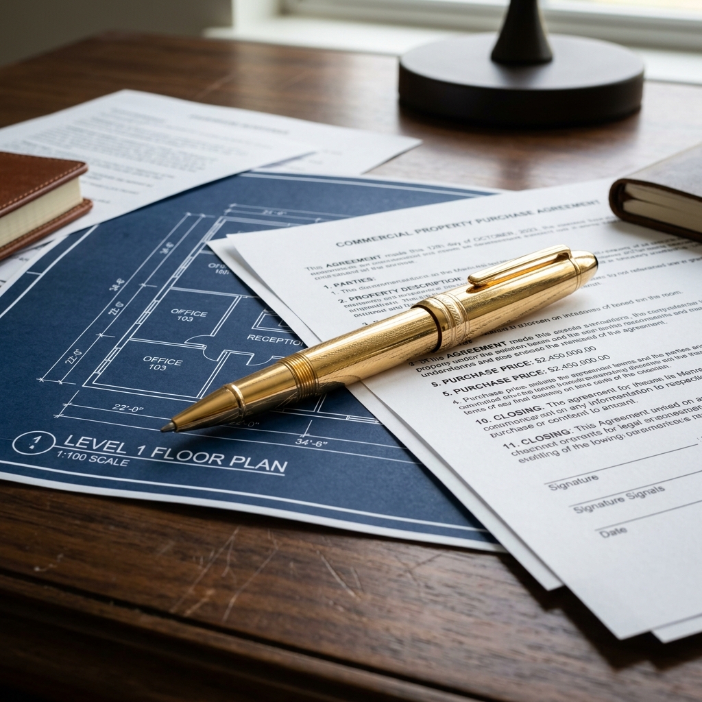 Legal real estate documents and architectural blueprints representing compliance and precision